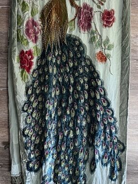 J&X Beaded Velvet Peacock Silk Scarf/Shawl/Wall Hanging Embroidered